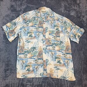 Paradise Coves Mens XL Silk Hawaiian Shirt Blue Marlin Tropical Camp Aloha Shirt
